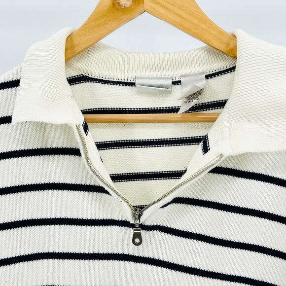 Vintage 90s Preppy White Black Stripe Cotton Quarter Zip Sweater - Picture 2 of 7